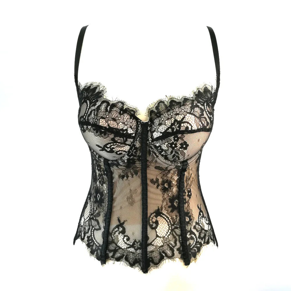 Gothic Floral Lace Women's Overbust Boned Corset Top with Sheer Mesh