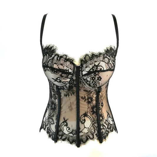 Gothic Floral Lace Women's Overbust Boned Corset Top with Sheer Mesh