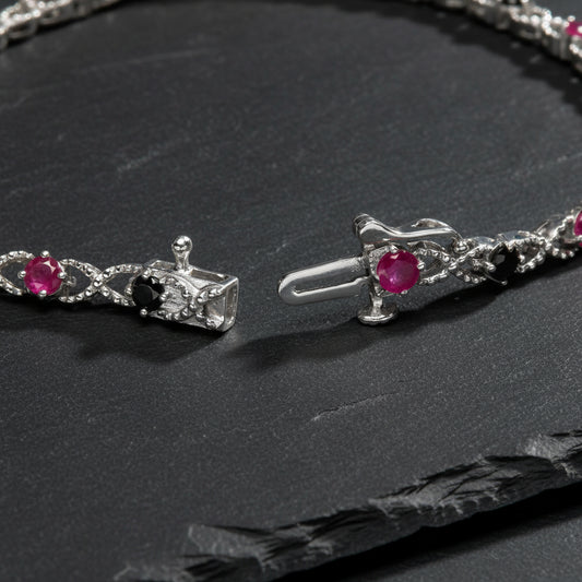 Sterling Silver 925 Treated Black Diamond & Lab-Created Pink Ruby Bracelet - Lovez Aqua© - 