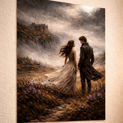 Wuthering Heights gothic wall art print featuring Heathcliff and Catherine standing on stormy moors in dark academia style