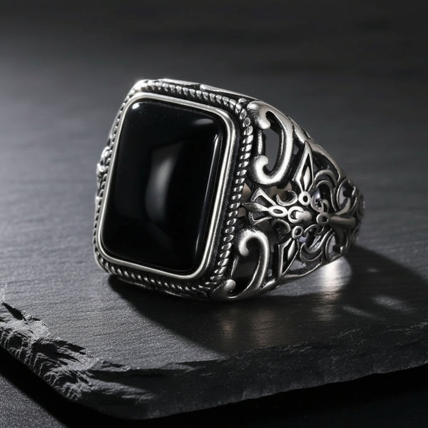 Men's 925 Sterling Silver Black Onyx Gothic Ring | Vintage Cross Engraving | Dark Romance Jewellery | Victorian Gothic Men's Ring