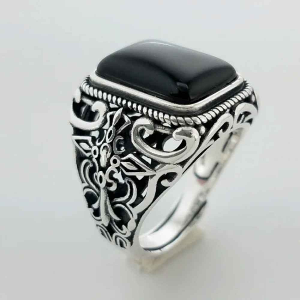 Men's S925 Sterling Silver Vintage Natural Black Onyx Square Hollow Cut Engraved Cross Ring