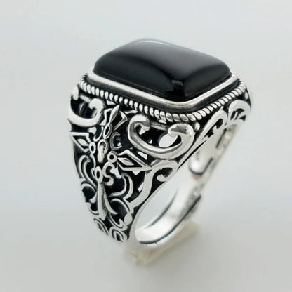 Men's S925 Sterling Silver Vintage Natural Black Onyx Square Hollow Cut Engraved Cross Ring