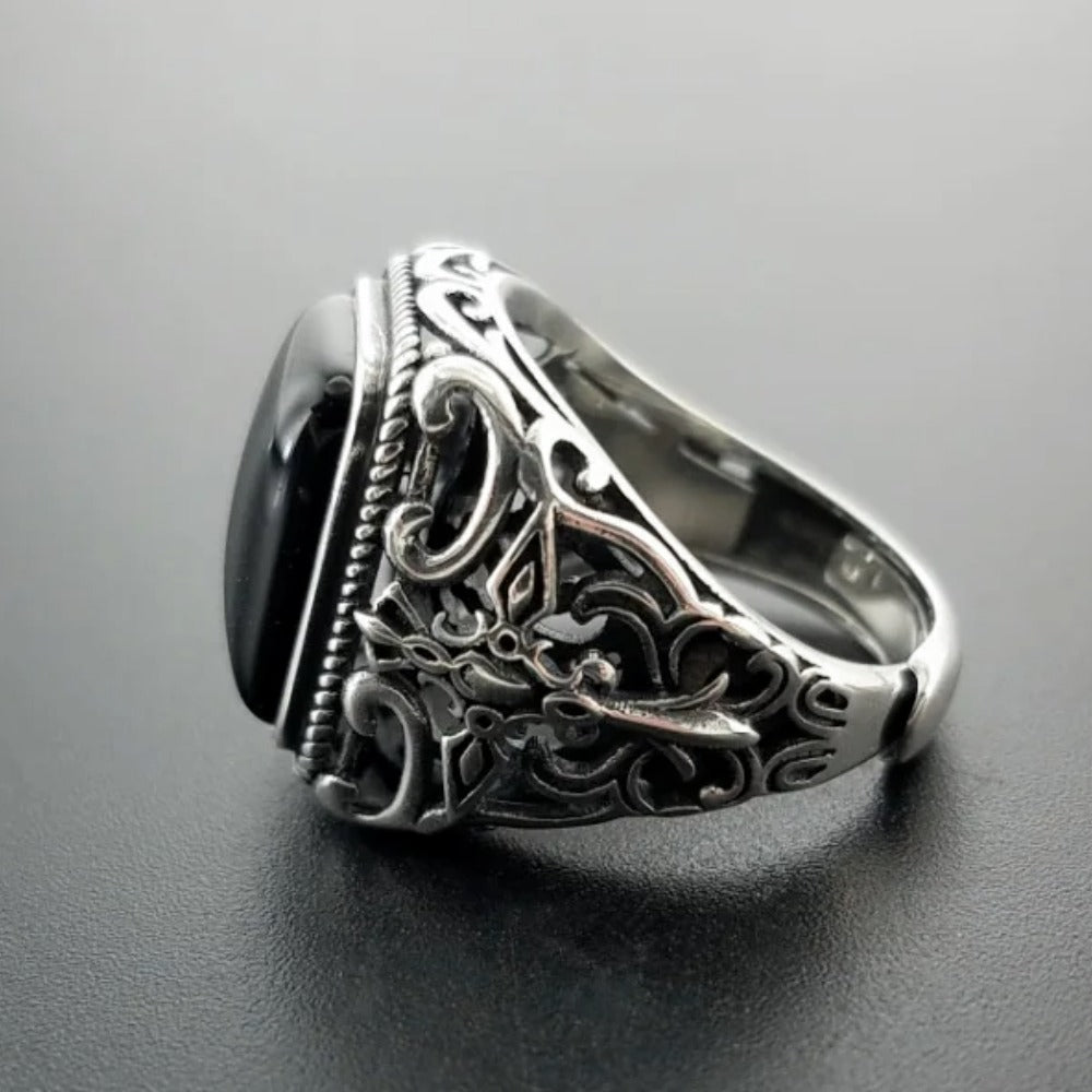 Men's S925 Sterling Silver Vintage Natural Black Onyx Square Hollow Cut Engraved Cross Ring