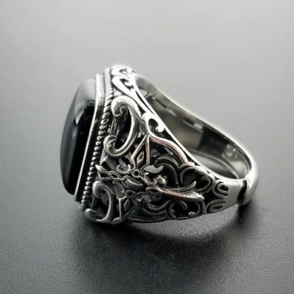 Men's S925 Sterling Silver Vintage Natural Black Onyx Square Hollow Cut Engraved Cross Ring