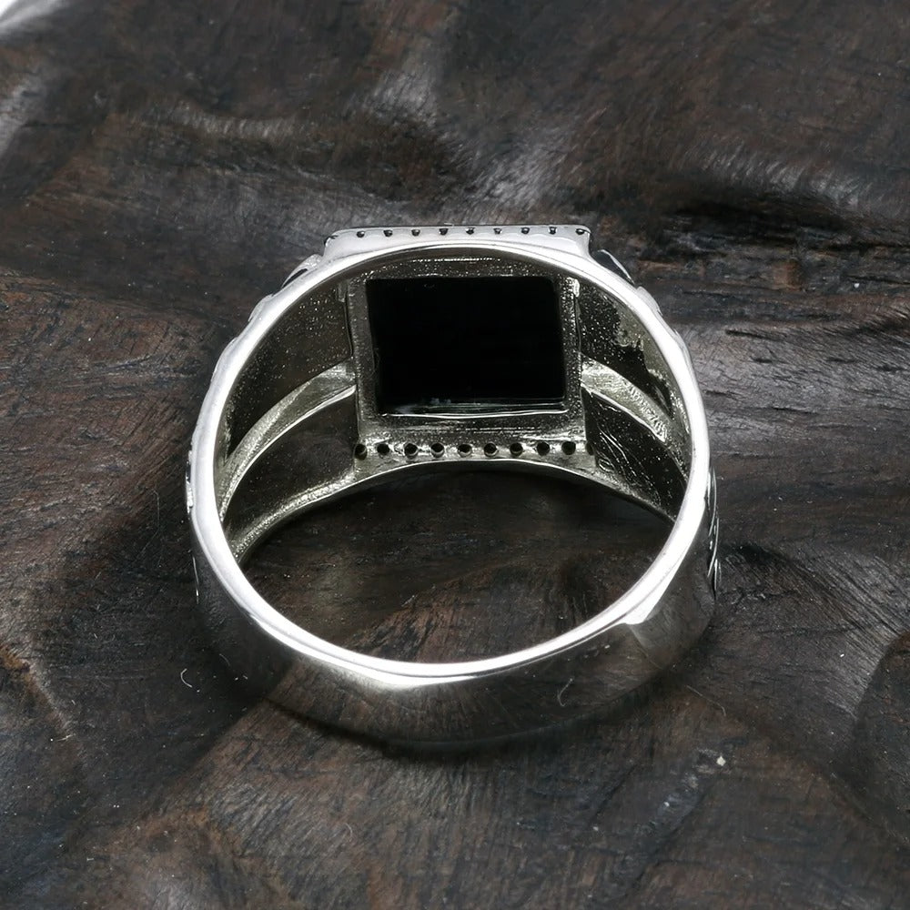 Men's Vintage S925 Sterling Silver Engraved Natural Onyx Stone Square Ring