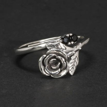 S925 Sterling Silver Vintage Rose Adjustable Women's Ring with Black Zircon