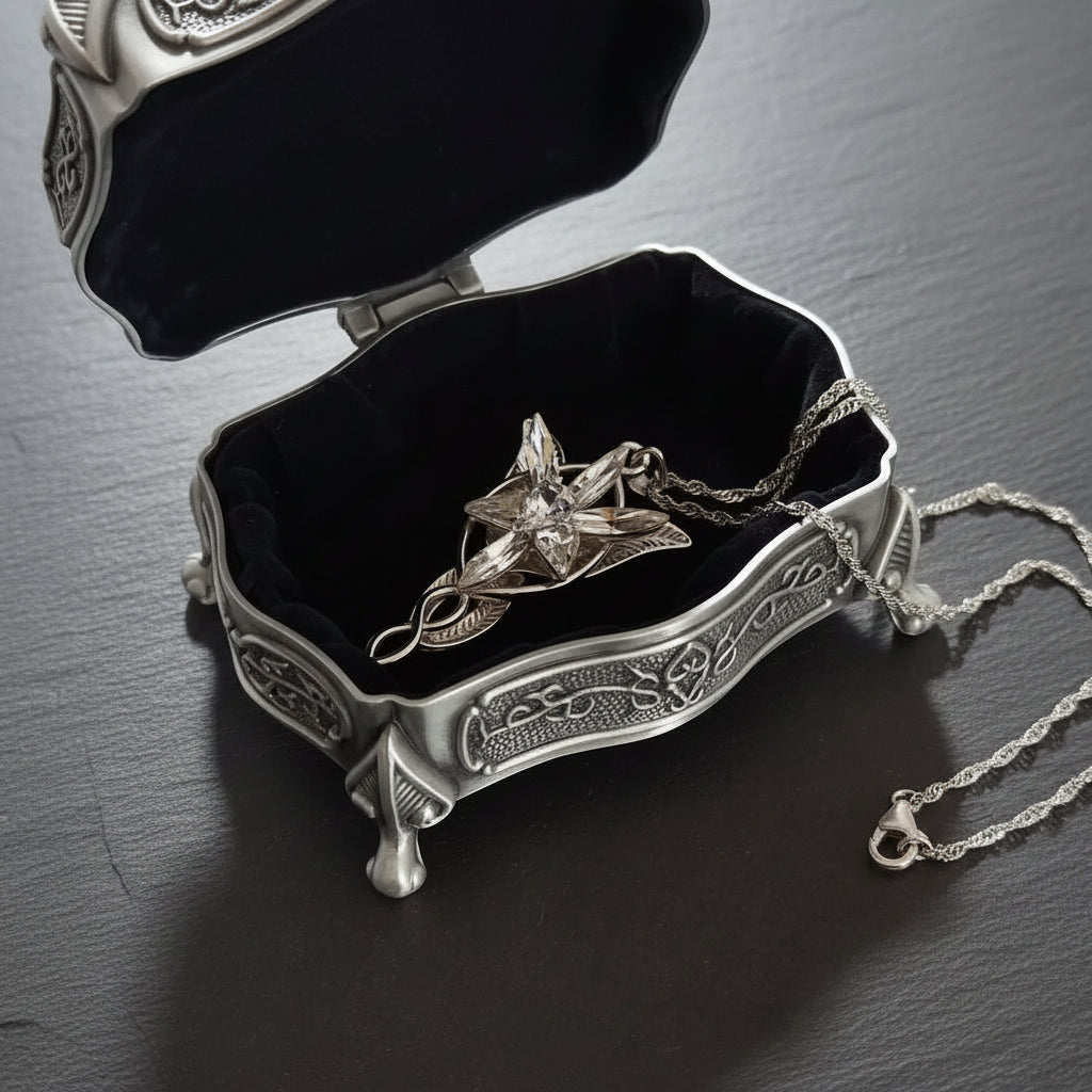 Vintage Engraved Metal Jewelry Box with Black Velvet Interior
