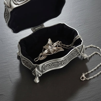 Vintage Engraved Metal Jewelry Box with Black Velvet Interior