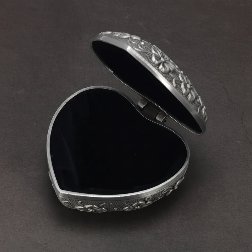 Vintage Engraved Metal Jewelry Box with Black Velvet Interior