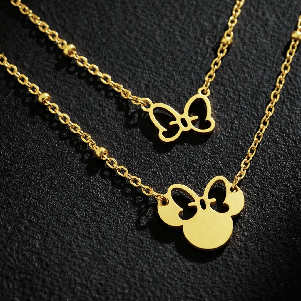 Disney's Minnie Mouse Head & Cute Bow Double Layered Necklace