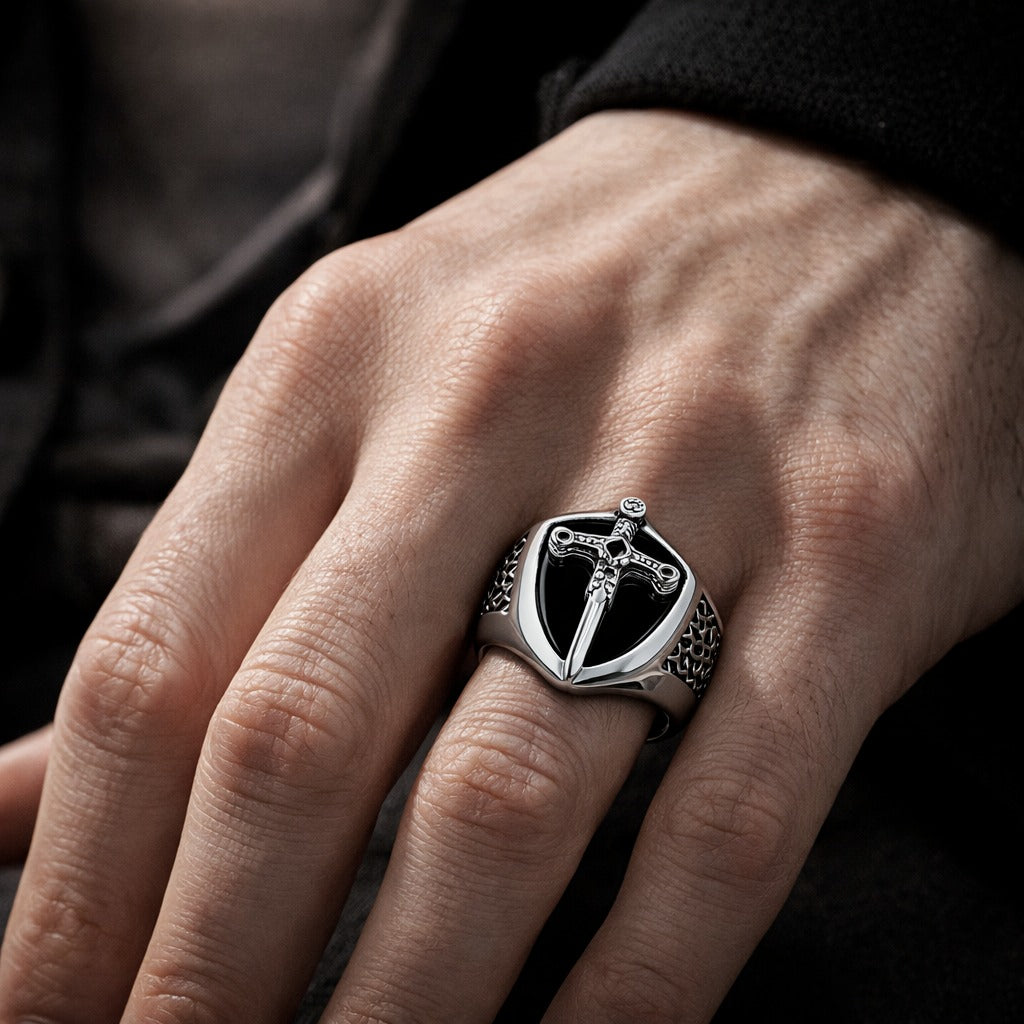 925 Sterling Silver Mystical Sword & Shield Chunky Signet Ring