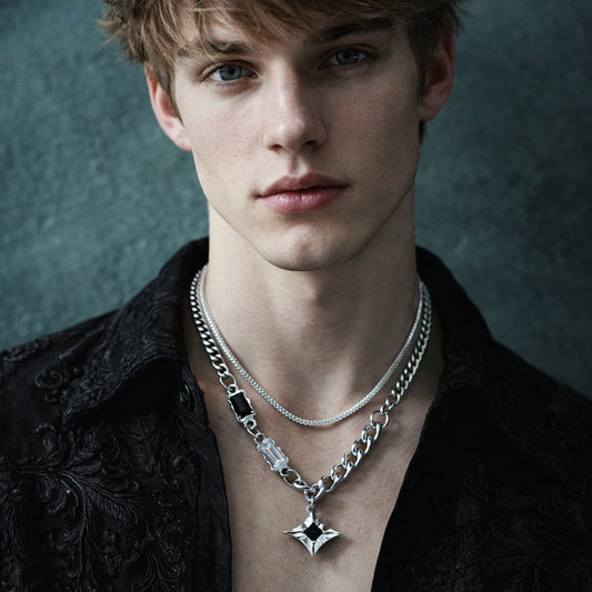 Men's Crystal Star Charm Double Link Chain Choker Pendant Necklace