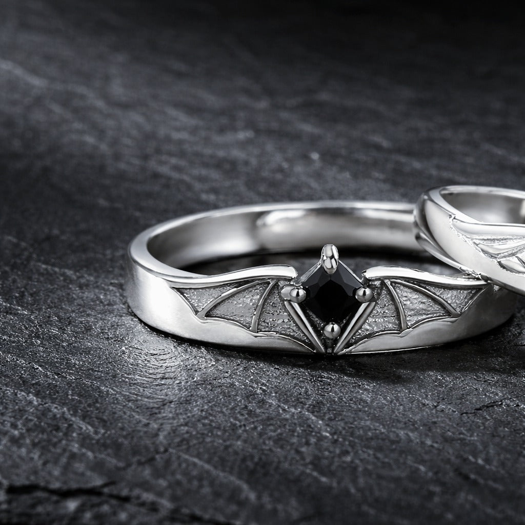 Gothic Angel & Demons Wings Crystal Encrusted Matching Couple Rings