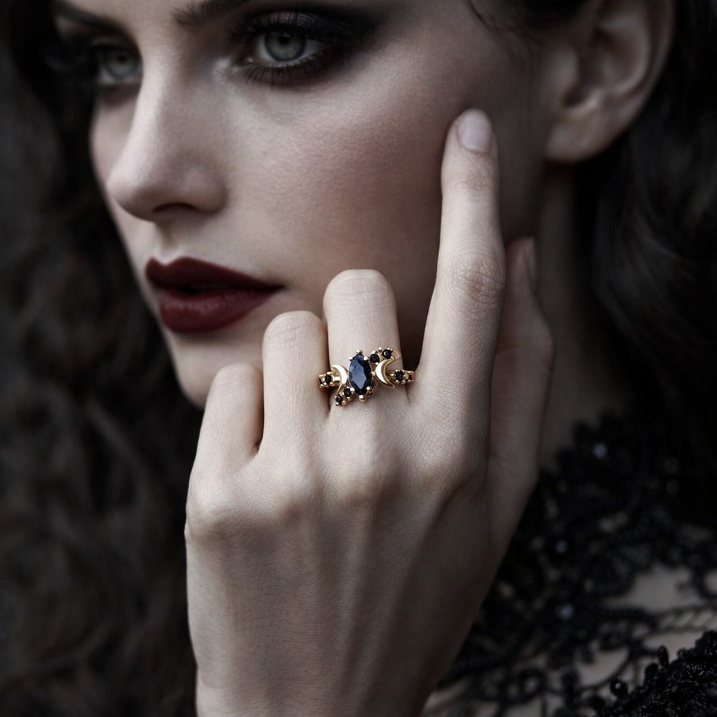 Women's Gothic Witch Inspired Black Zircon Triple Moon Goddess Ring