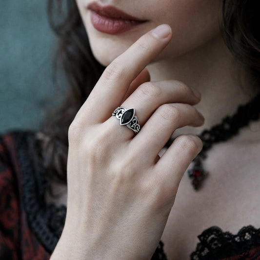 Women's Marquise Cut Black Onyx & Silver Celtic Knot Ring