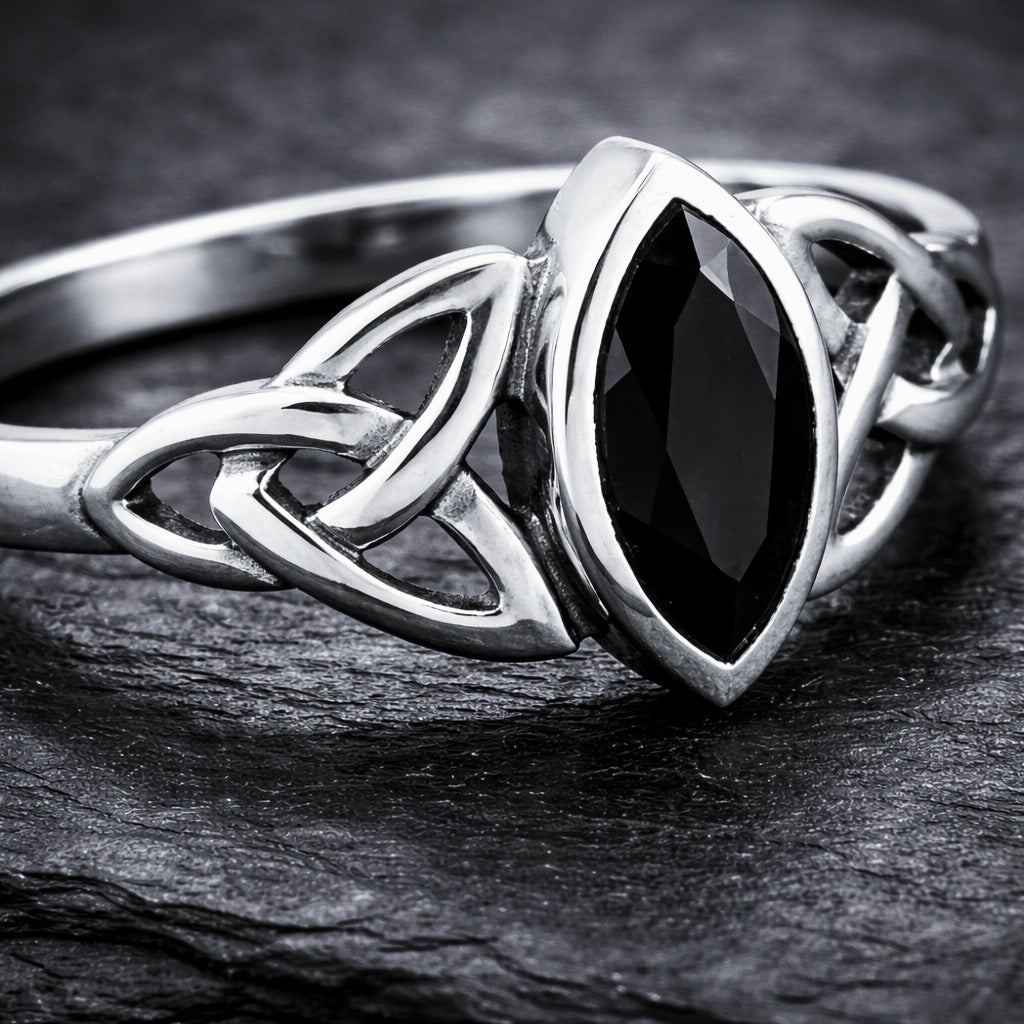 Women's Marquise Cut Black Onyx & Silver Celtic Knot Ring