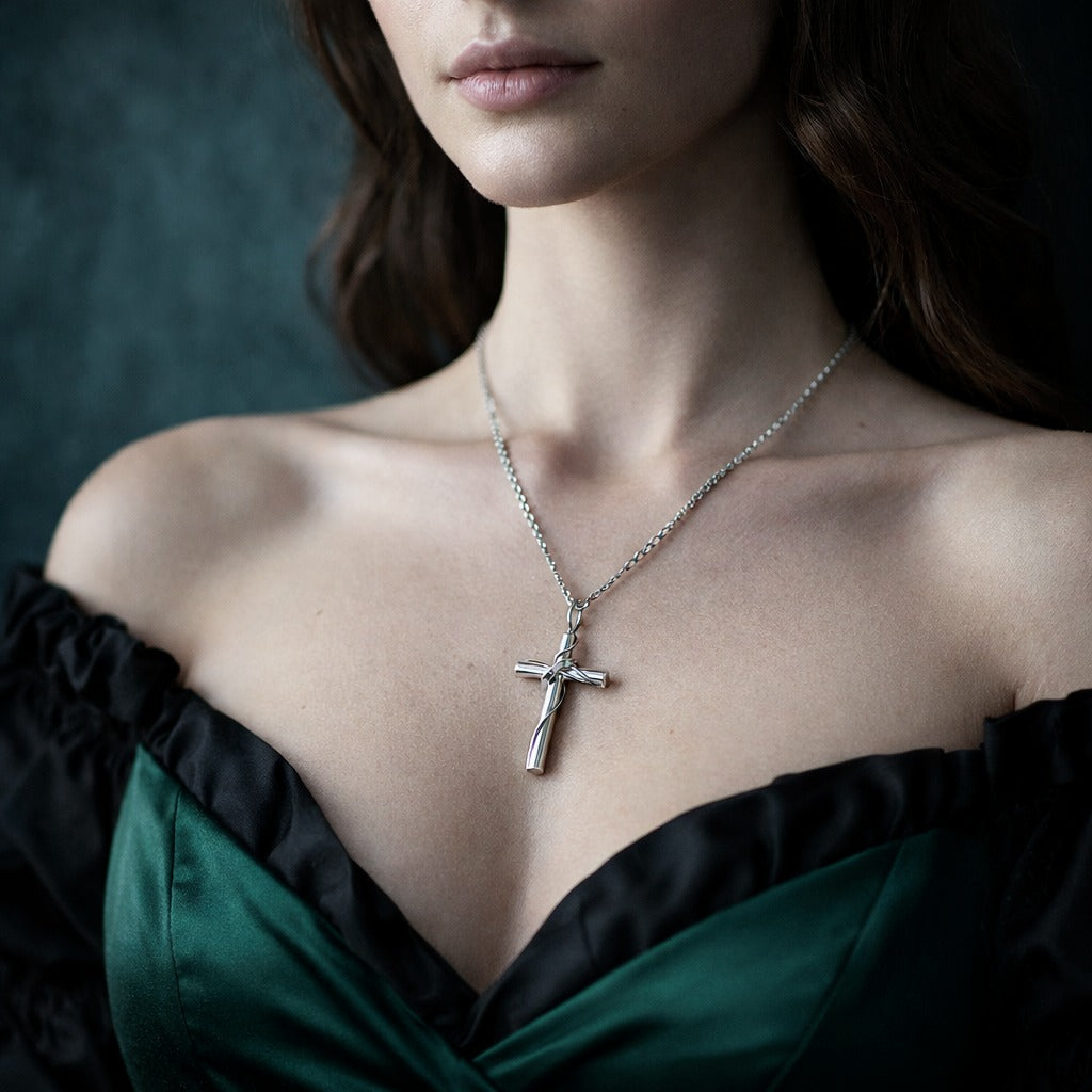 Religious Vine Wrapped Silver Cross Matching Couple Necklace