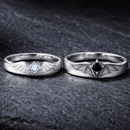 Gothic Angel & Demons Wings Crystal Encrusted Matching Couple Rings