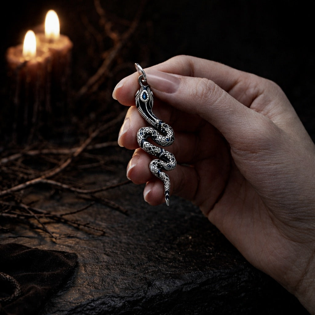 925 Sterling Silver Twisted Snake Black Zircon Encrusted Pendant Charm