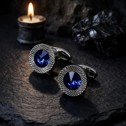 Men's Silver & Sapphire Blue Crystal Round Embossed Cufflinks