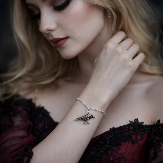 925 Sterling Silver Black Zircon Encrusted Gothic Crow Pendant Charm