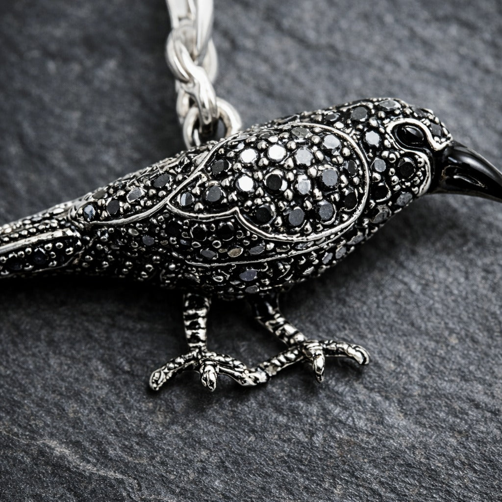 925 Sterling Silver Black Zircon Encrusted Gothic Crow Pendant Charm