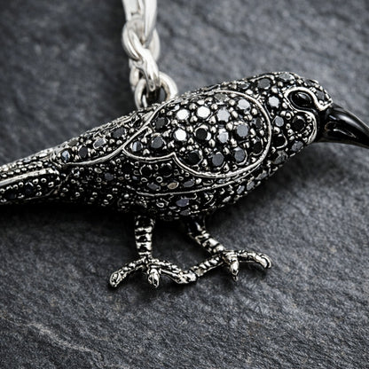 925 Sterling Silver Black Zircon Encrusted Gothic Crow Pendant Charm