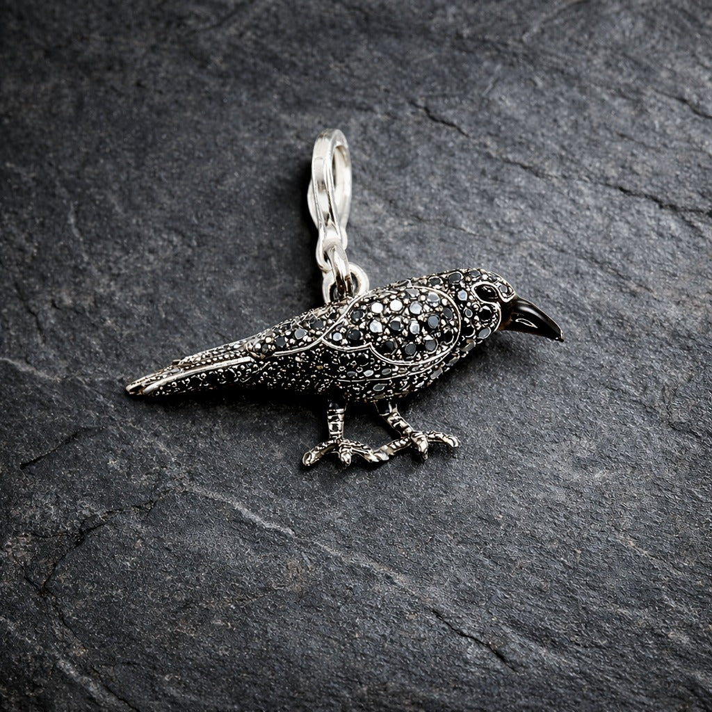 925 Sterling Silver Black Zircon Encrusted Gothic Crow Pendant Charm