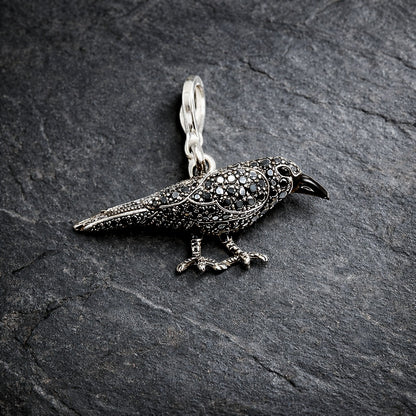 925 Sterling Silver Black Zircon Encrusted Gothic Crow Pendant Charm