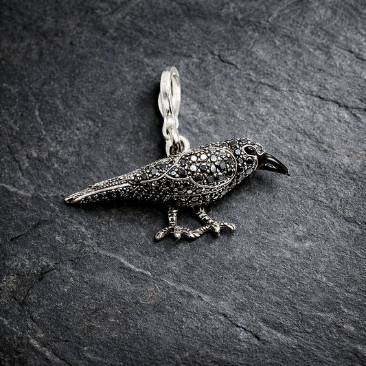 925 Sterling Silver Black Zircon Encrusted Gothic Crow Pendant Charm
