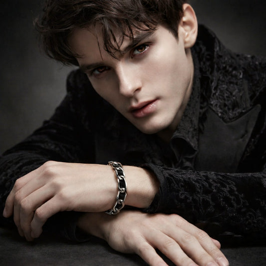 Men's Black Faux Leather & Silver Interwoven Chain Bracelet