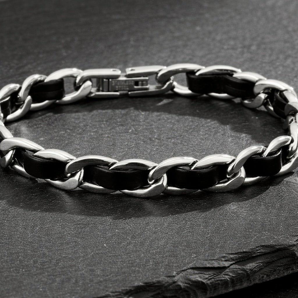 Men's Black Faux Leather & Silver Interwoven Chain Bracelet