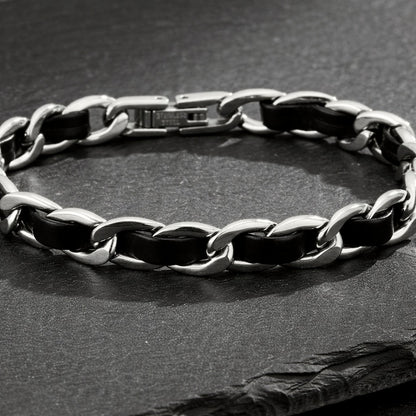Men's Black Faux Leather & Silver Interwoven Chain Bracelet