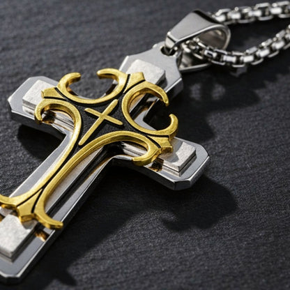 Men's Thick Engraved Religious Triple Layered Cross Pendant Necklace