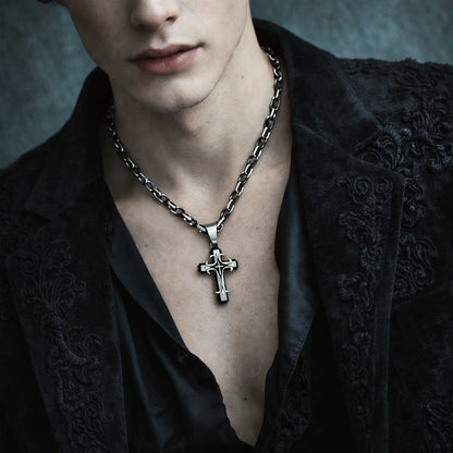 Men's Religious Triple Layered Cross Pendant Necklace with Byzantine Chain