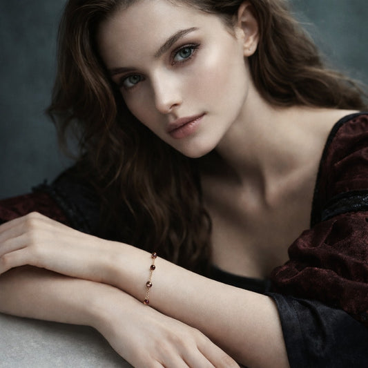 925 Sterling Silver Women's Red Garnet Beaded Chain Link Bracelet