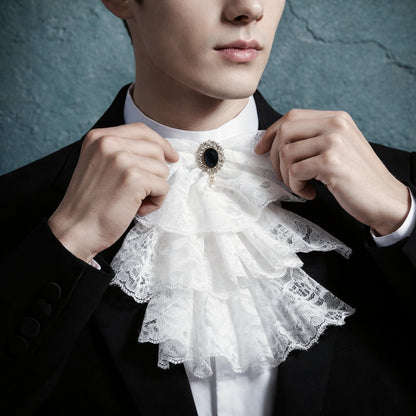 Victorian Ruffled Lace Jabot Collar with Brooch Detail
