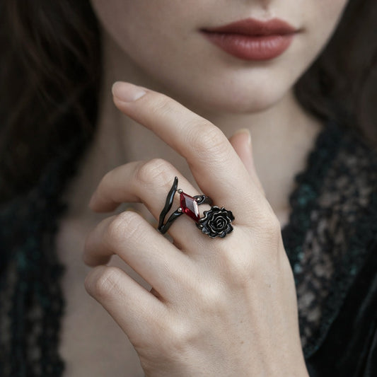 925 Sterling Silver Women's Gothic Black Rose & Red Diamond Zircon Ring