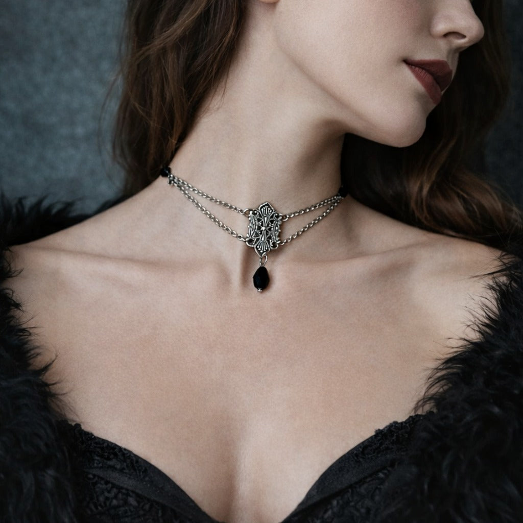 Vintage Medieval Victorian Silver Necklace or Choker with Black Crystal Accents