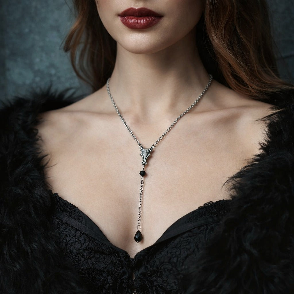 Vintage Medieval Victorian Silver Necklace or Choker with Black Crystal Accents