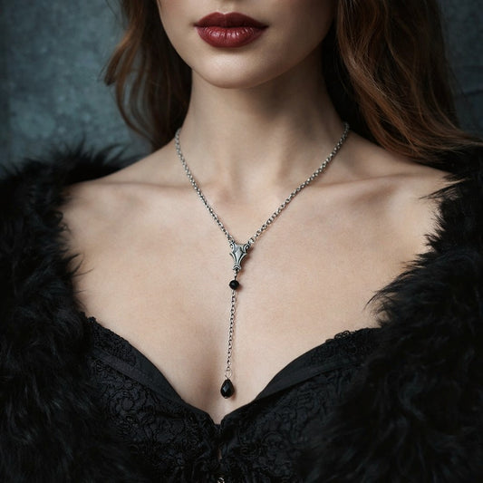 Vintage Medieval Victorian Silver Necklace or Choker with Black Crystal Accents