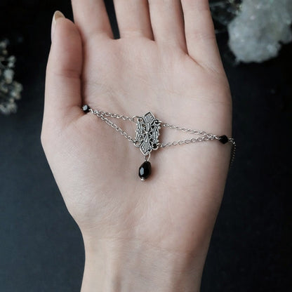 Vintage Medieval Victorian Silver Necklace or Choker with Black Crystal Accents
