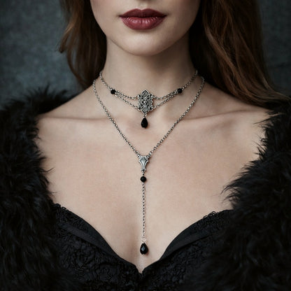 Vintage Medieval Victorian Silver Necklace or Choker with Black Crystal Accents