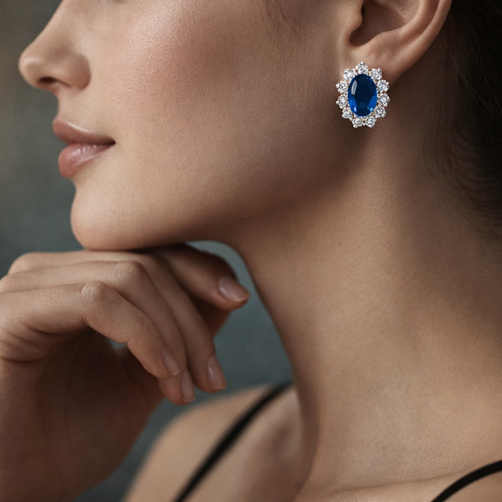 14K White Gold Oval Blue Sapphire & Diamond Accented Earrings