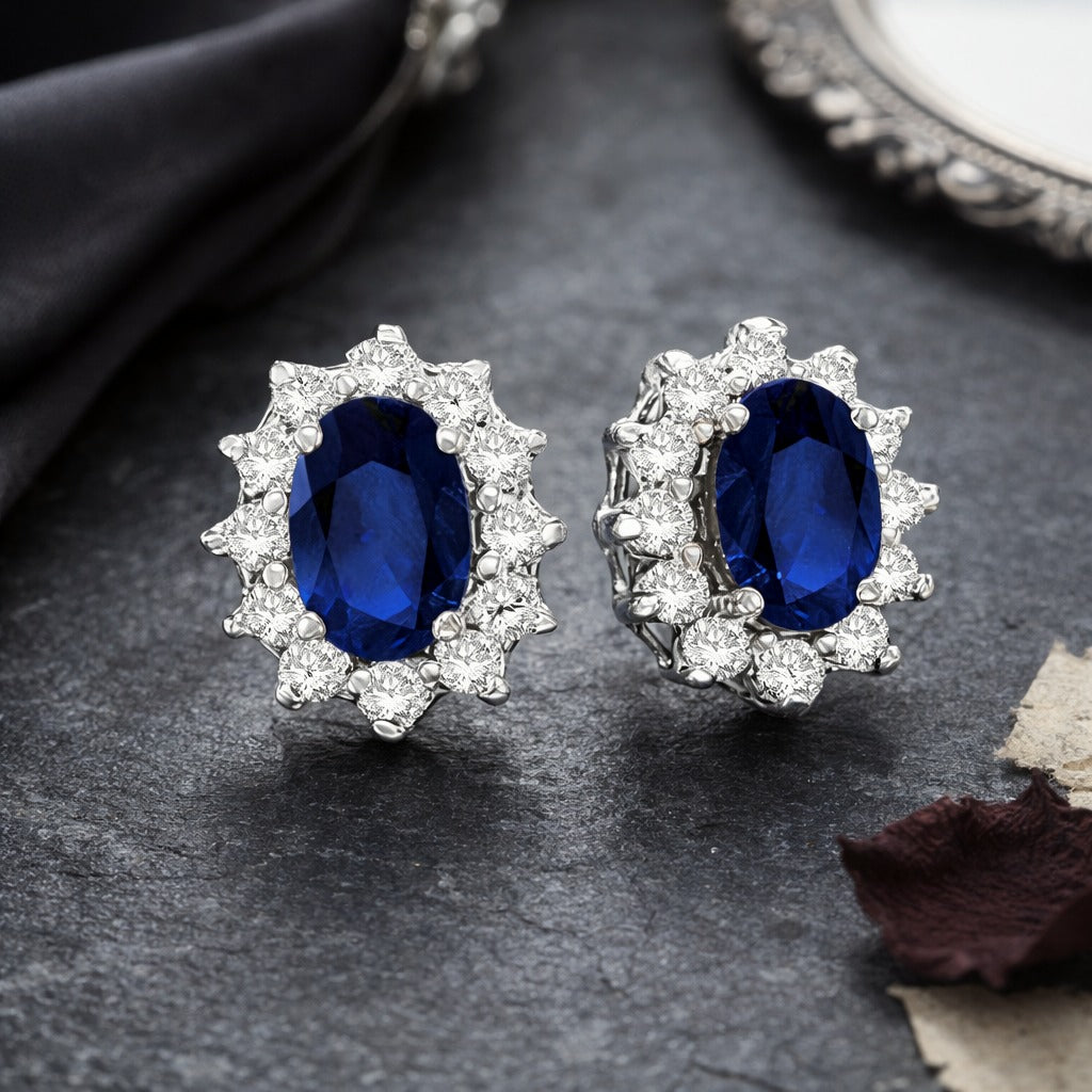 14K White Gold Oval Blue Sapphire & Diamond Accented Earrings