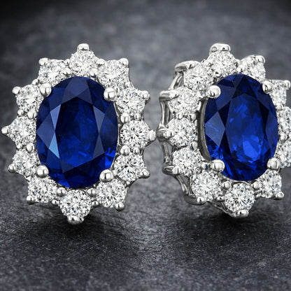 14K White Gold Oval Blue Sapphire & Diamond Accented Earrings