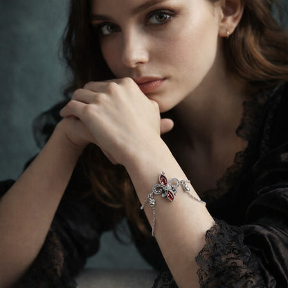 925 Sterling Silver Marquise Garnet & Diamond Lariat Fleur De Lis Bolo Bracelet