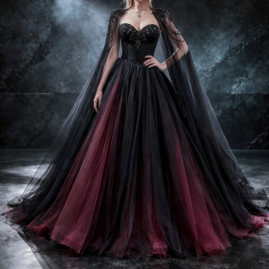 Gothic Black & Red A-Line Sleeveless Tulle Ball Gown with Dress Sequined Cape