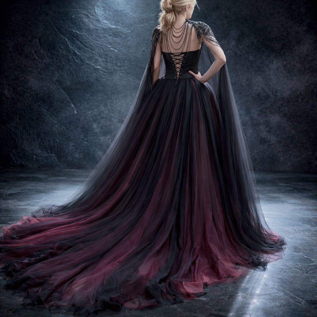 Gothic Black & Red A-Line Sleeveless Tulle Ball Gown with Dress Sequined Cape